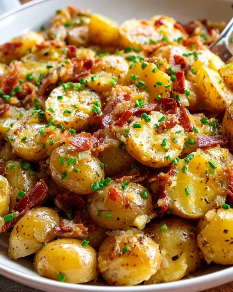 German Potato Salad with herbs in a bowl, featuring traditional ingredients.
