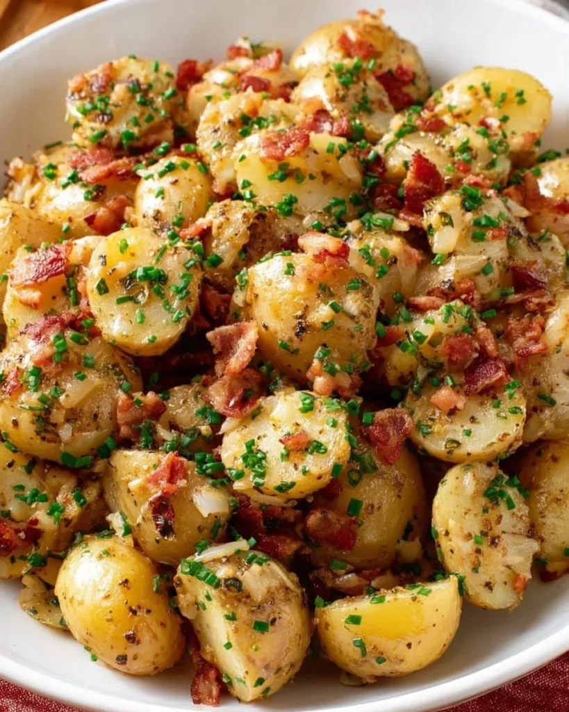Delicious German Potato Salad served in a rustic bowl with herbs and dressing.