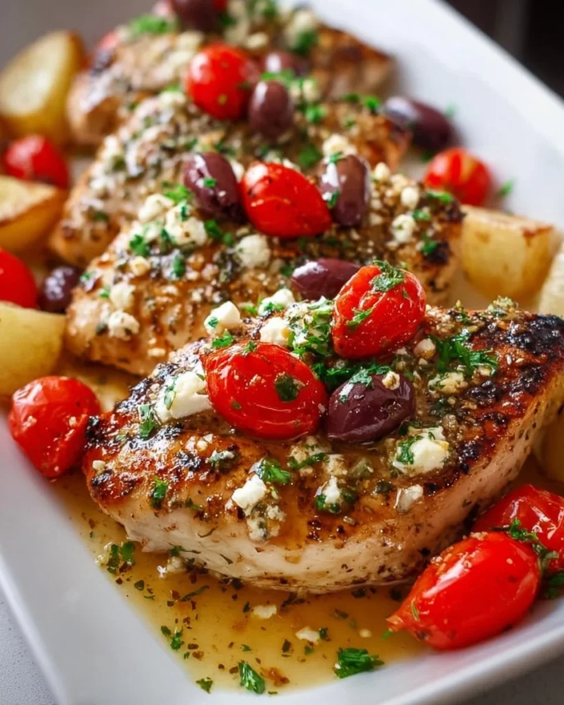 Delicious plate of Greek chicken served with fresh vegetables and herbs