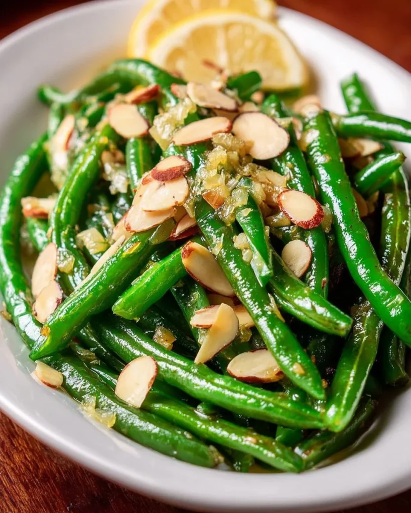 Serving of green bean almondine with almonds and lemon zest on a plate.