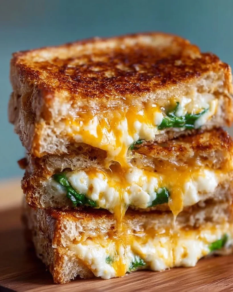 Golden grilled cheese sandwich with melted cheese and crispy edges