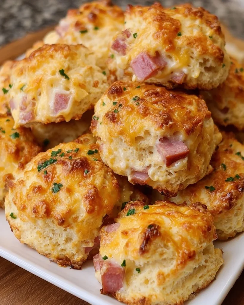 Freshly baked Ham and Cheese Biscuits on a wooden serving tray.