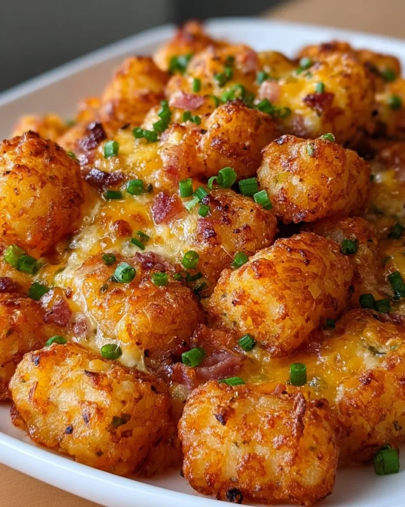 Ham Tater Tot Bake with cheese and crispy tater tots in a baking dish