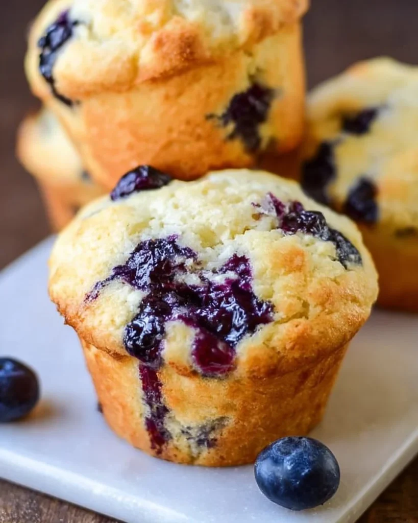 Healthy blueberry muffins fresh out of the oven with juicy blueberries