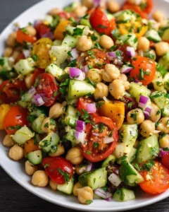 Healthy chickpea salad with fresh vegetables and herbs in a bowl