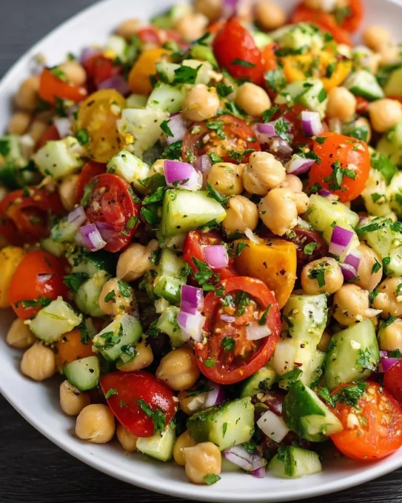 Healthy chickpea salad with fresh vegetables and herbs in a bowl