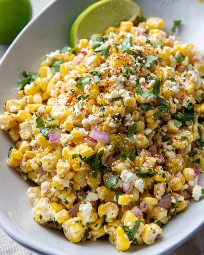 Healthy Mexican street corn salad with fresh ingredients and colorful toppings.