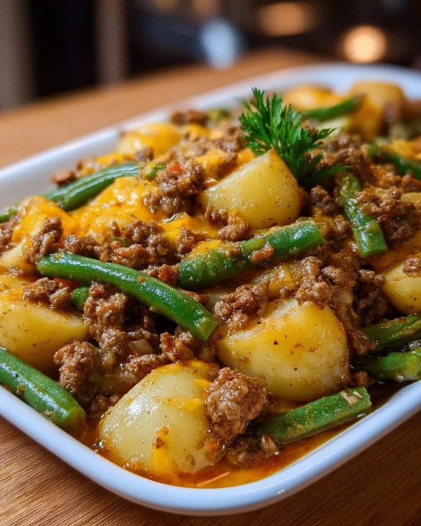 A hearty serving of hobo casserole featuring ground meat, potatoes, and vegetables.