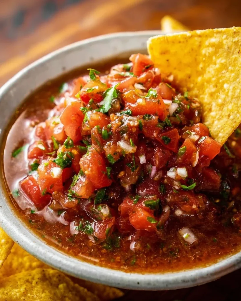 Bowl of homemade salsa with fresh tomatoes, onions, and cilantro