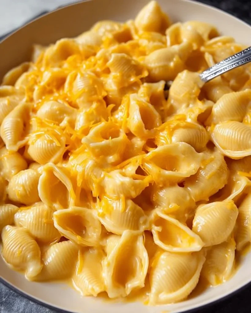 Bowl of homemade shells and cheese topped with breadcrumbs