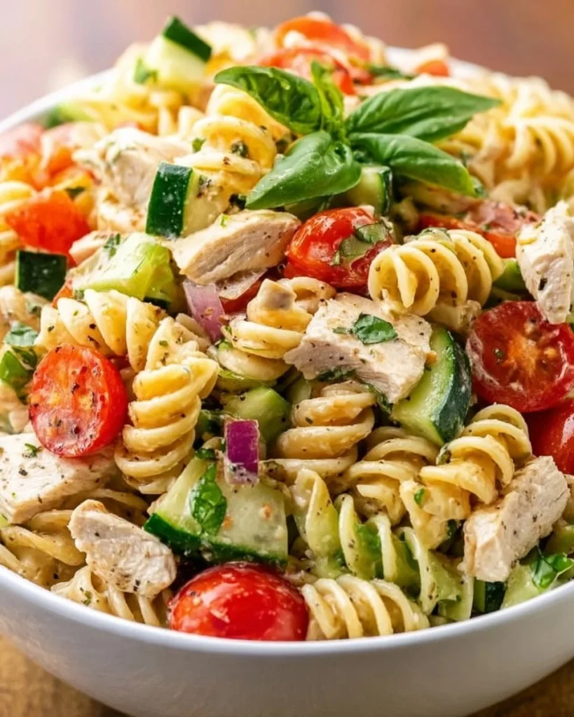 Italian Chicken and Pasta Salad with fresh vegetables and dressing