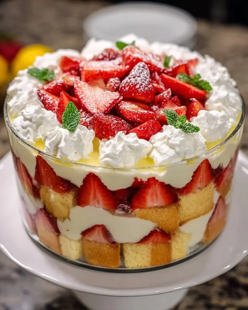 Delicious Lemon Strawberry Trifle dessert layered with strawberries and cream