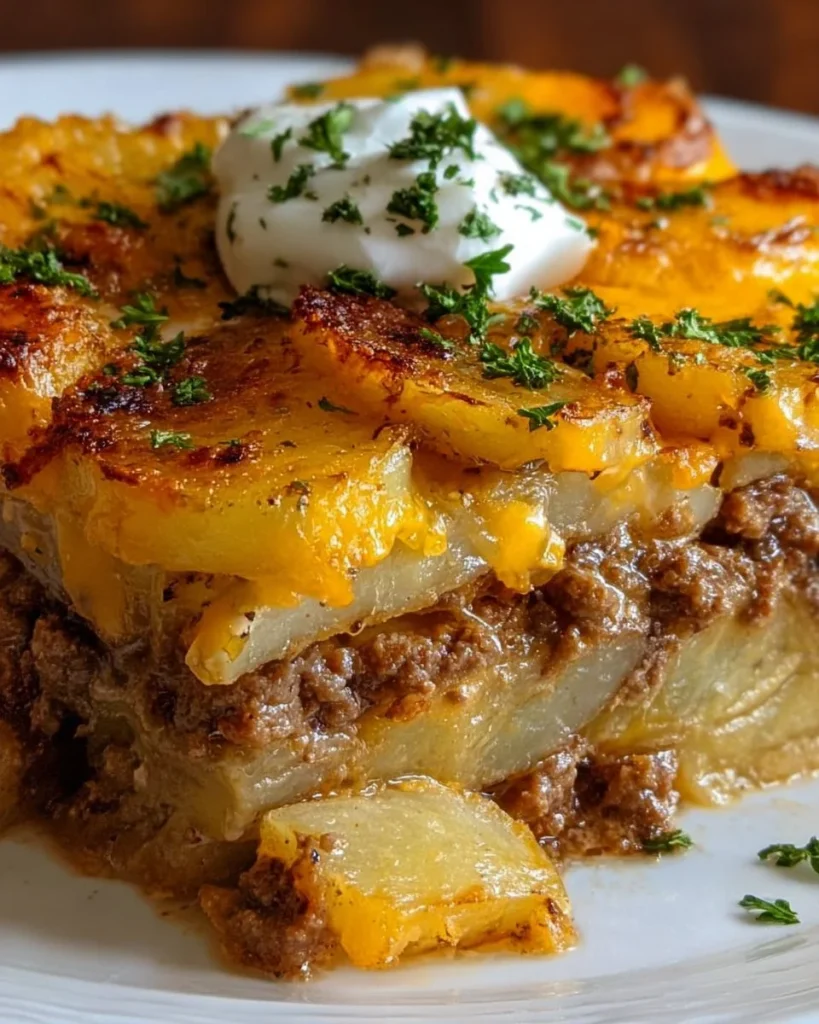 Loaded Beef & Potato Bake topped with cheese and herbs in a baking dish