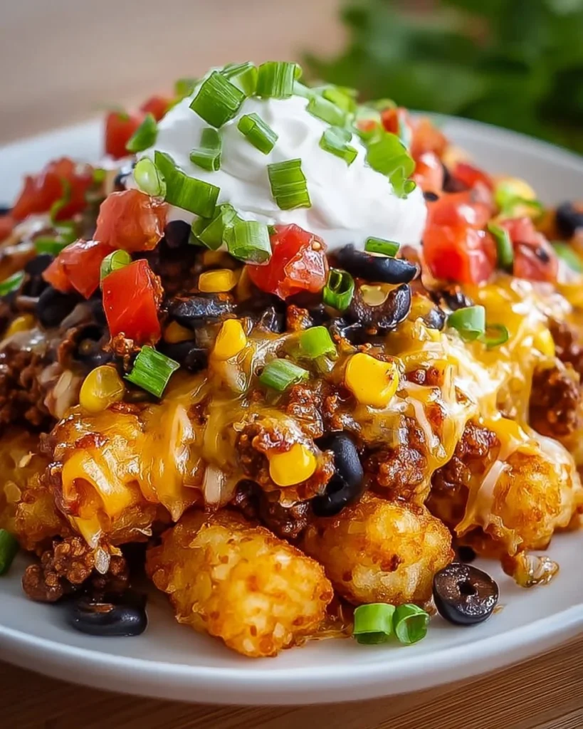 Delicious Mexican Tater Tot Casserole topped with cheese and jalapeños