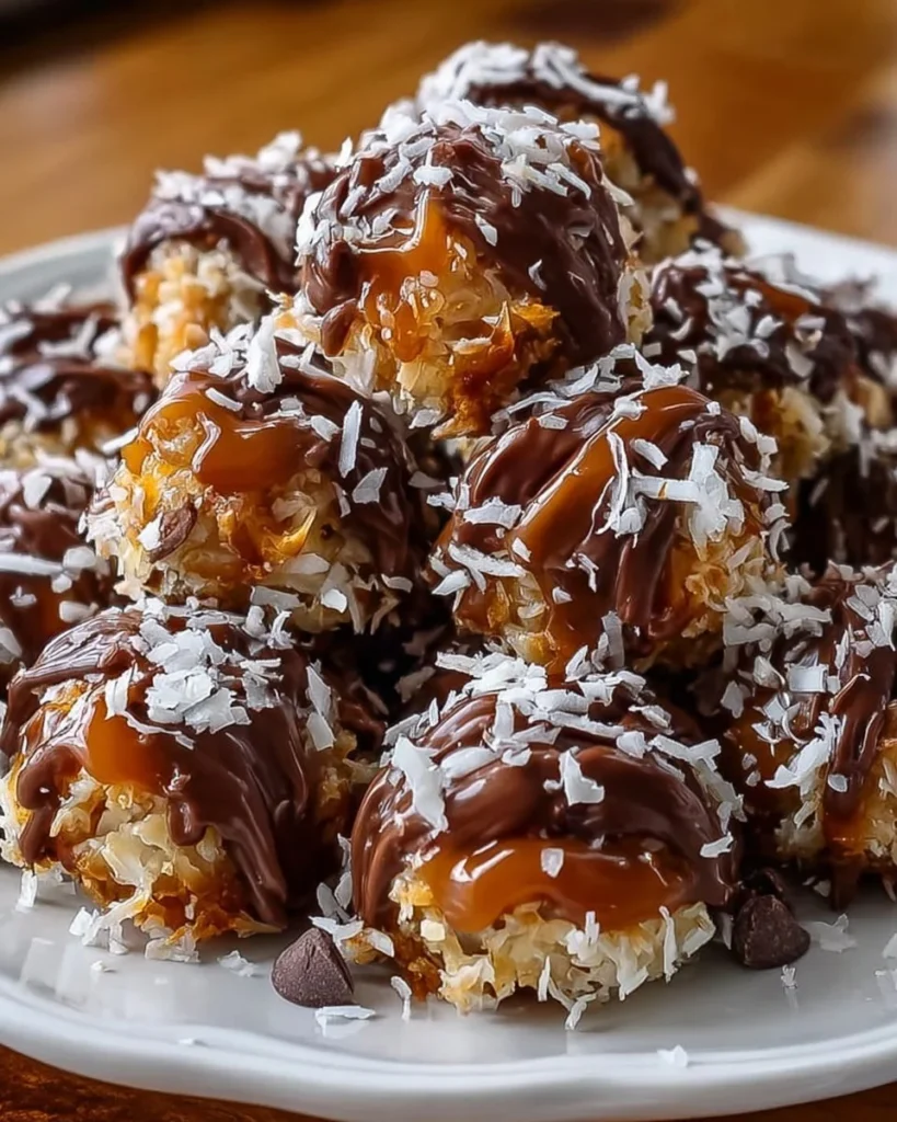 Delicious No-Bake Samoa Cookie Bites topped with chocolate and coconut.