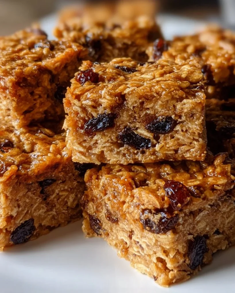 Delicious homemade oatmeal raisin bars with oats and raisins