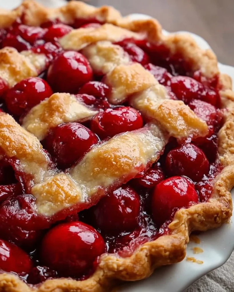 Slice of Old-Fashioned Poor Man’s Cherry Pie with cherries and flaky crust