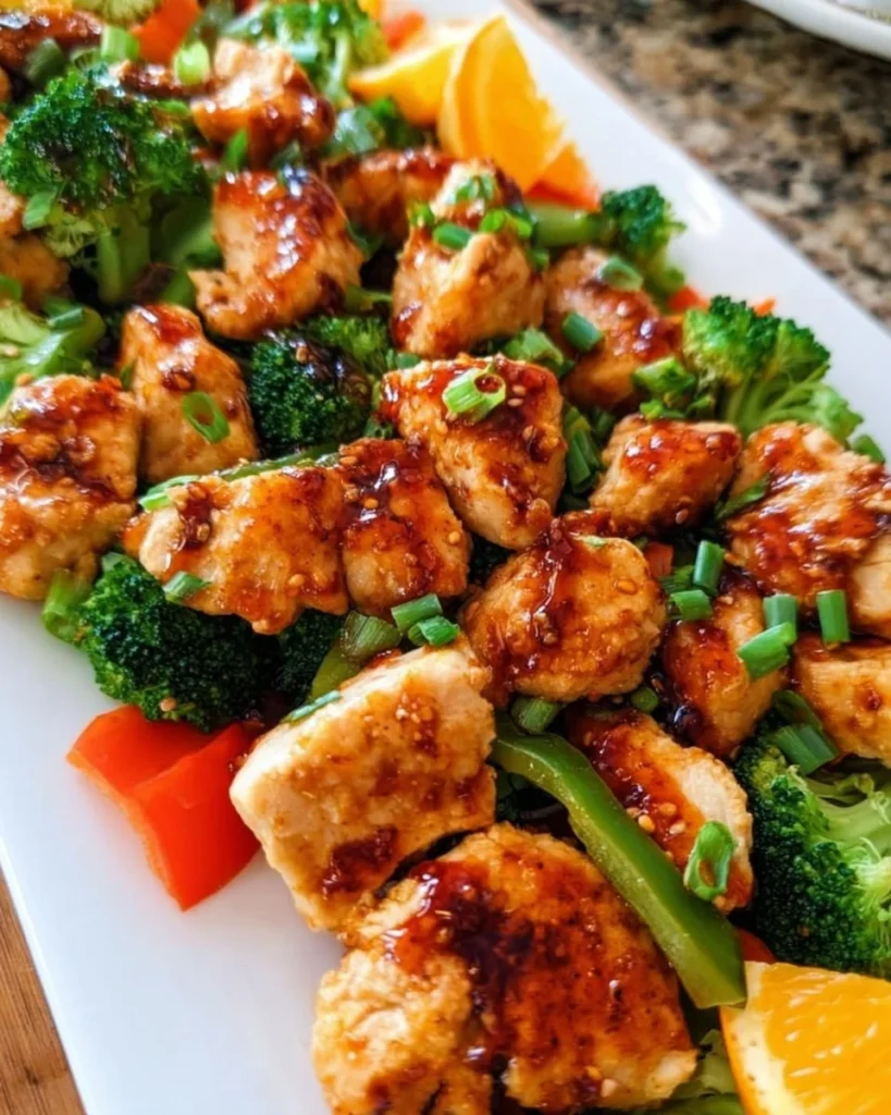 Delicious Orange Ginger Chicken with colorful veggies served on a plate
