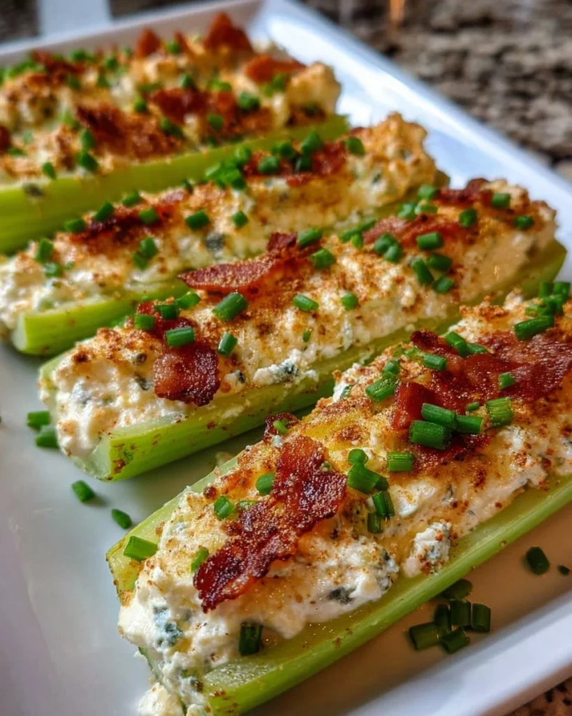 Delicious stuffed celery filled with creamy cheese mixture and herbs