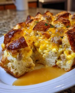 Delicious Overnight Croissant Casserole Bake with Gravy for breakfast