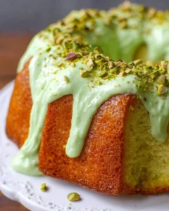 Delicious pistachio bundt cake with green frosting and nuts on top