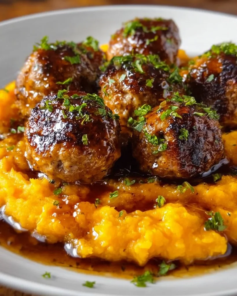 Pork meatballs served with sweet potato mash and bourbon-maple sauce