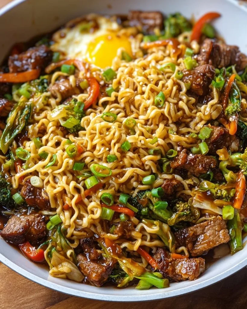Plate of delicious Pork Noodles garnished with vegetables and herbs
