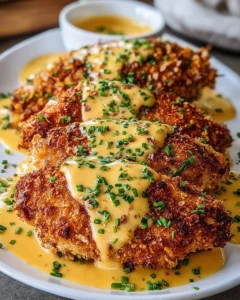 Pretzel-crusted chicken with creamy mustard cheddar sauce on a plate