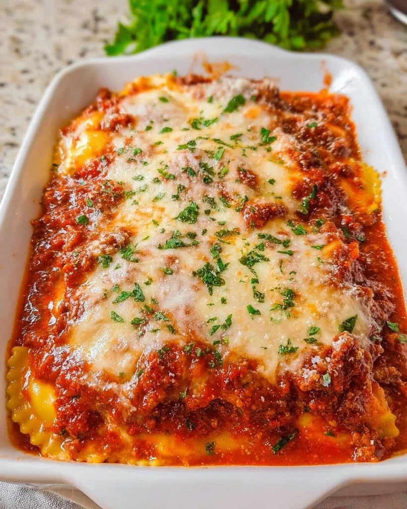 Delicious homemade ravioli lasagna with layers of cheese and sauce