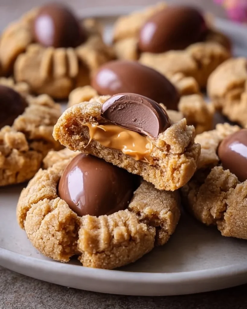 Reese's Egg Peanut Butter Cookies on a plate, showcasing chocolate and peanut butter flavors