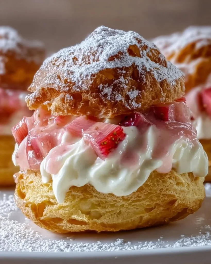 Plate of delicious rhubarb cream puffs topped with powdered sugar