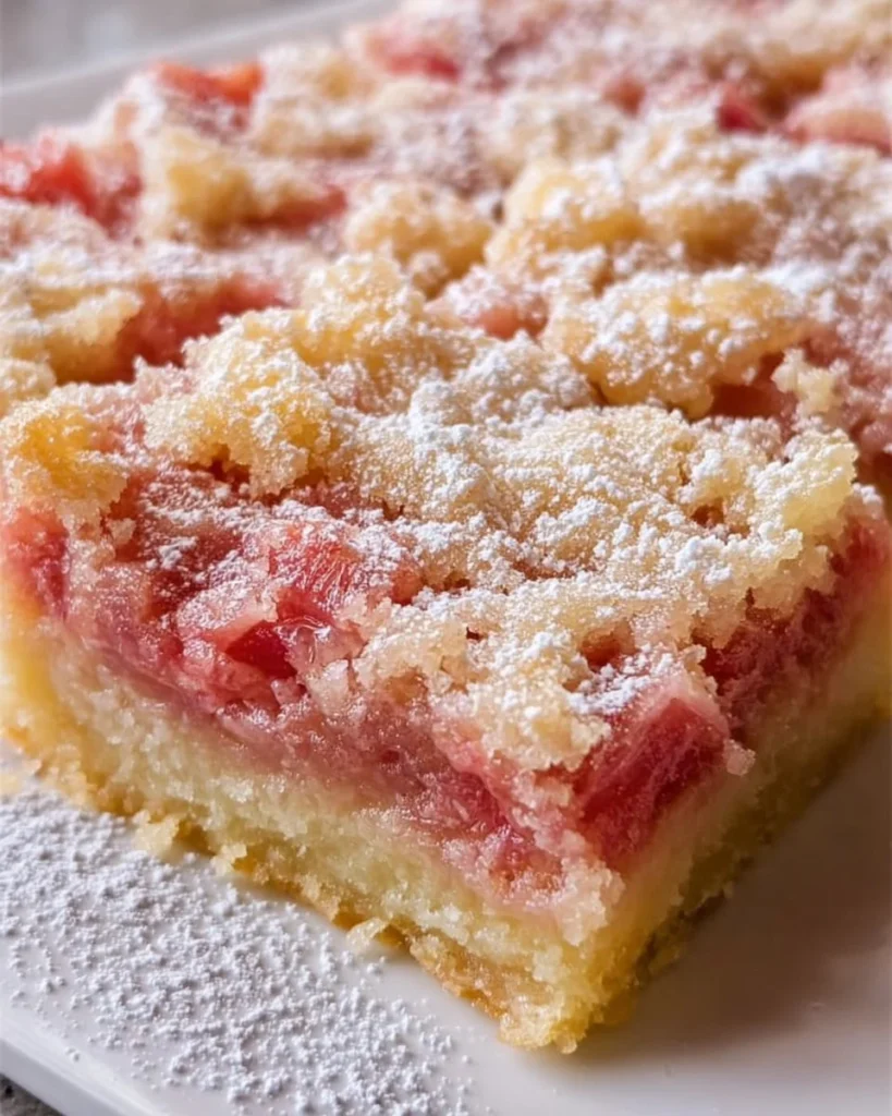 Delicious rhubarb custard bars on a white plate, showcasing their vibrant colors.