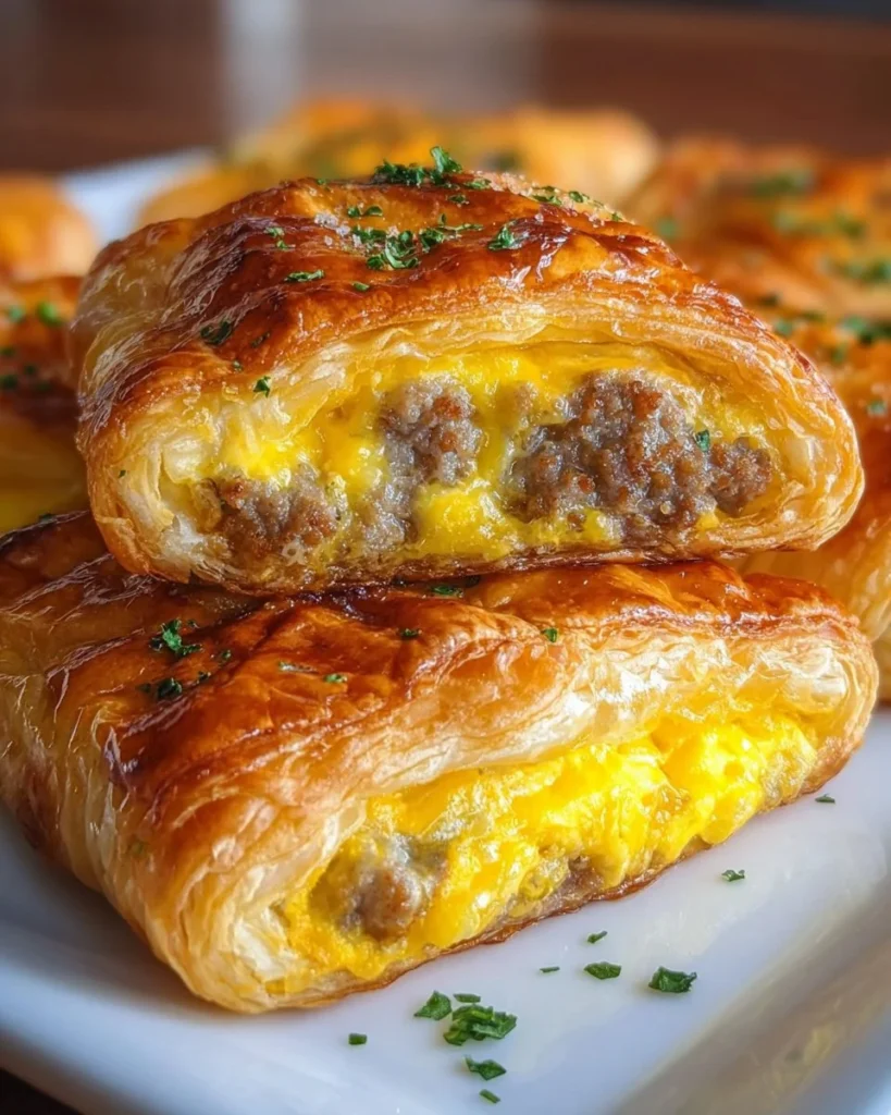 Sausage, egg, and cheese breakfast puffs on a plate, ready to eat.