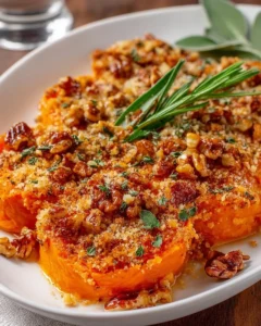 Savory sweet potato casserole topped with marshmallows and nuts