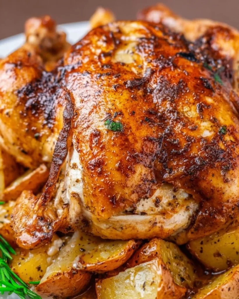 Sheet pan whole chicken roasted with potatoes for a flavorful dinner