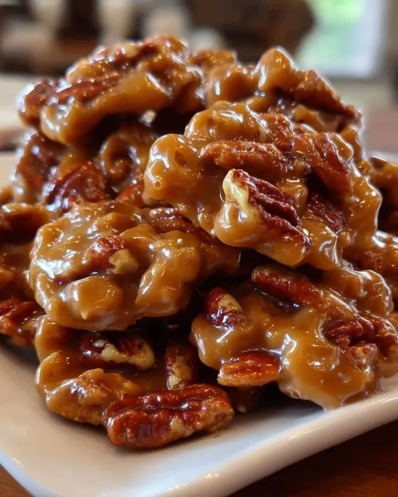 Delicious soft caramel pecan clusters on a rustic wooden table