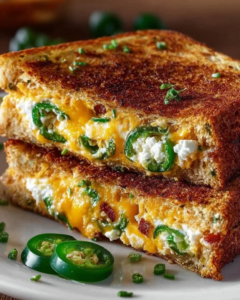 Spicy jalapeño popper grilled cheese sandwich on a plate with melted cheese