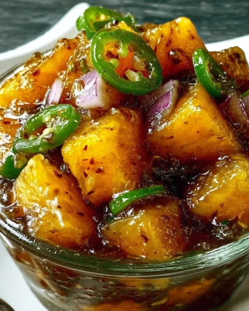 Jar of spicy pineapple jalapeño chutney with fresh ingredients on a wooden table.