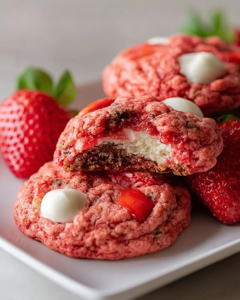 Freshly baked strawberry cookies on a cooling rack