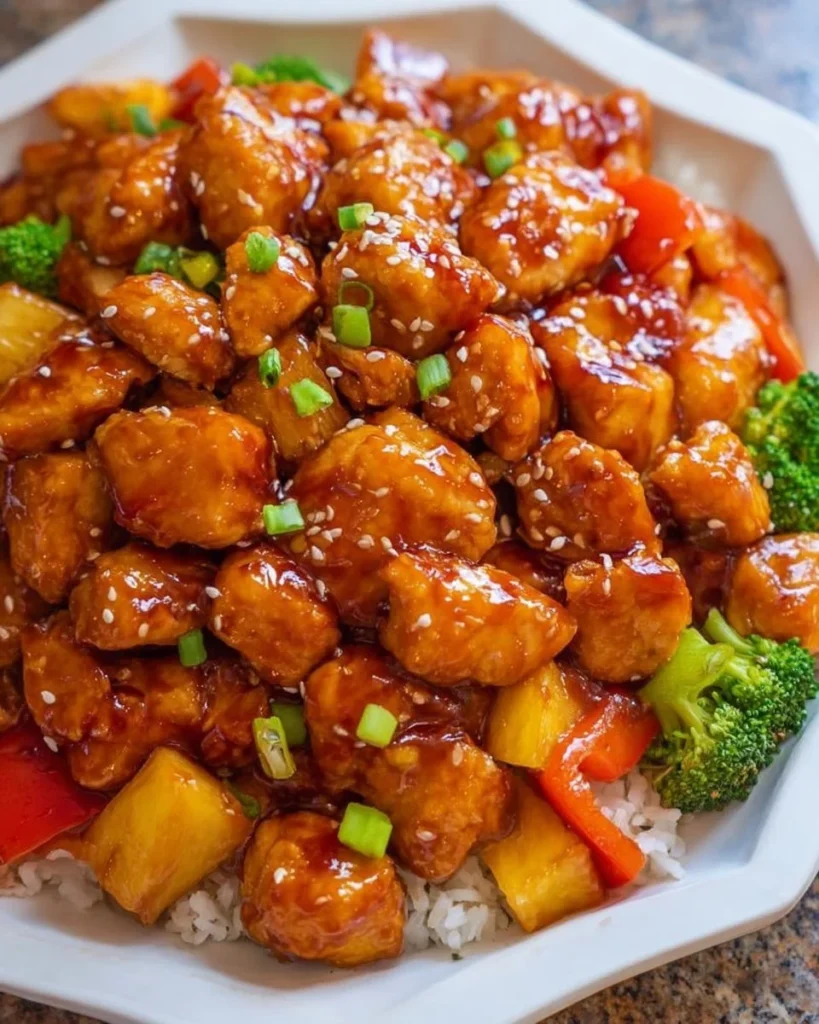 Plate of homemade Sweet and Sour Chicken dish with vibrant vegetables.