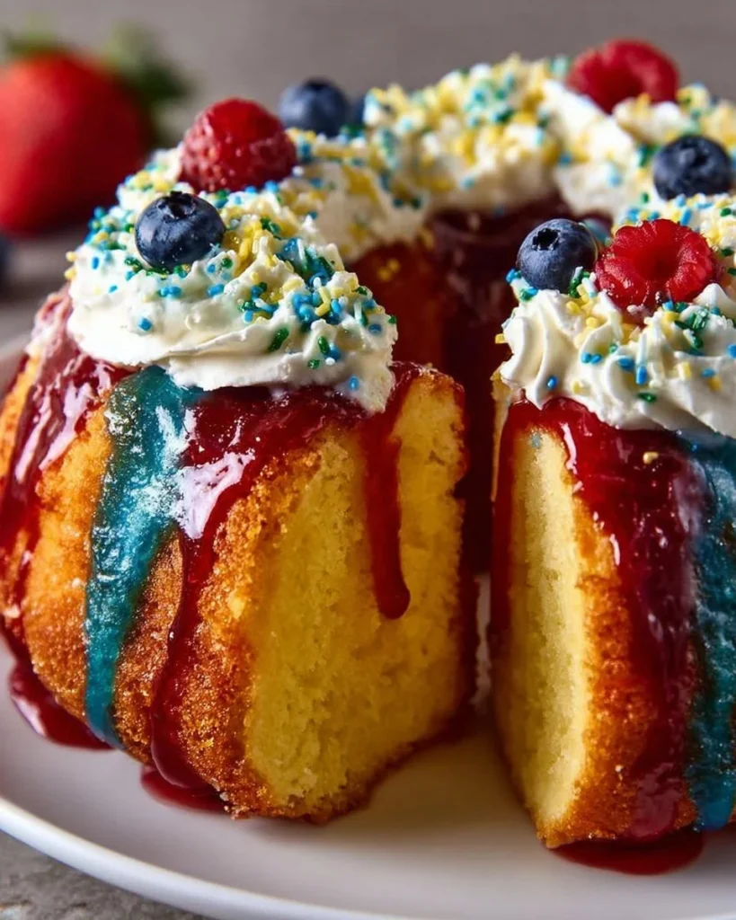 Delicious Sweet Berry Lemon Firecracker Cake topped with fresh berries