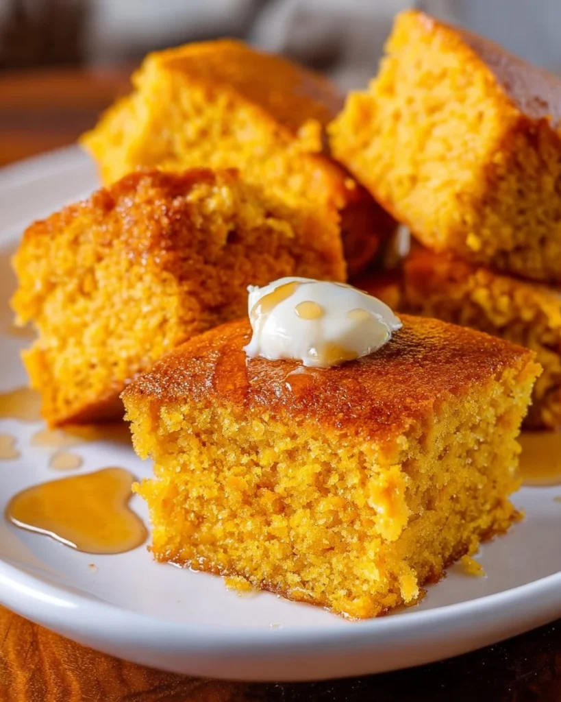 Delicious sweet potato cornbread served on a rustic wooden table.