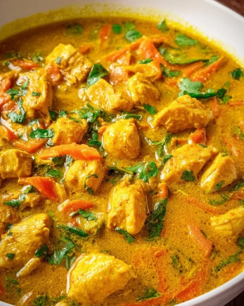 Bowl of Thai Chicken Yellow Curry with rice and vegetables