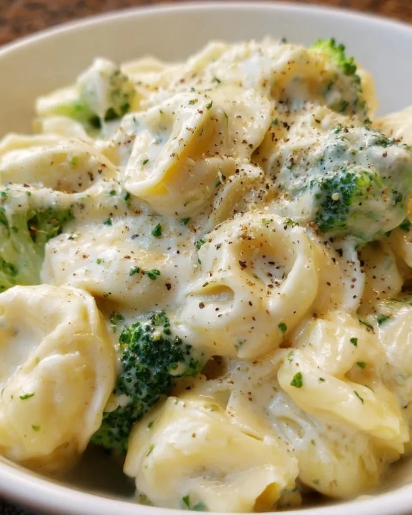 Creamy Tortellini Alfredo served with parsley garnish in a pasta dish