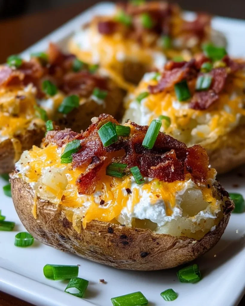 Delicious twice baked loaded breakfast potatoes topped with cheese and bacon