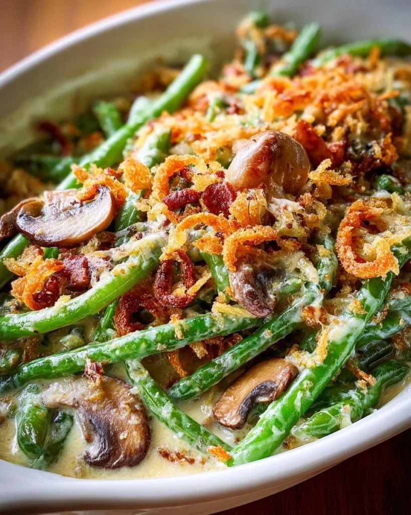 Delicious ultimate green bean casserole topped with crispy onions
