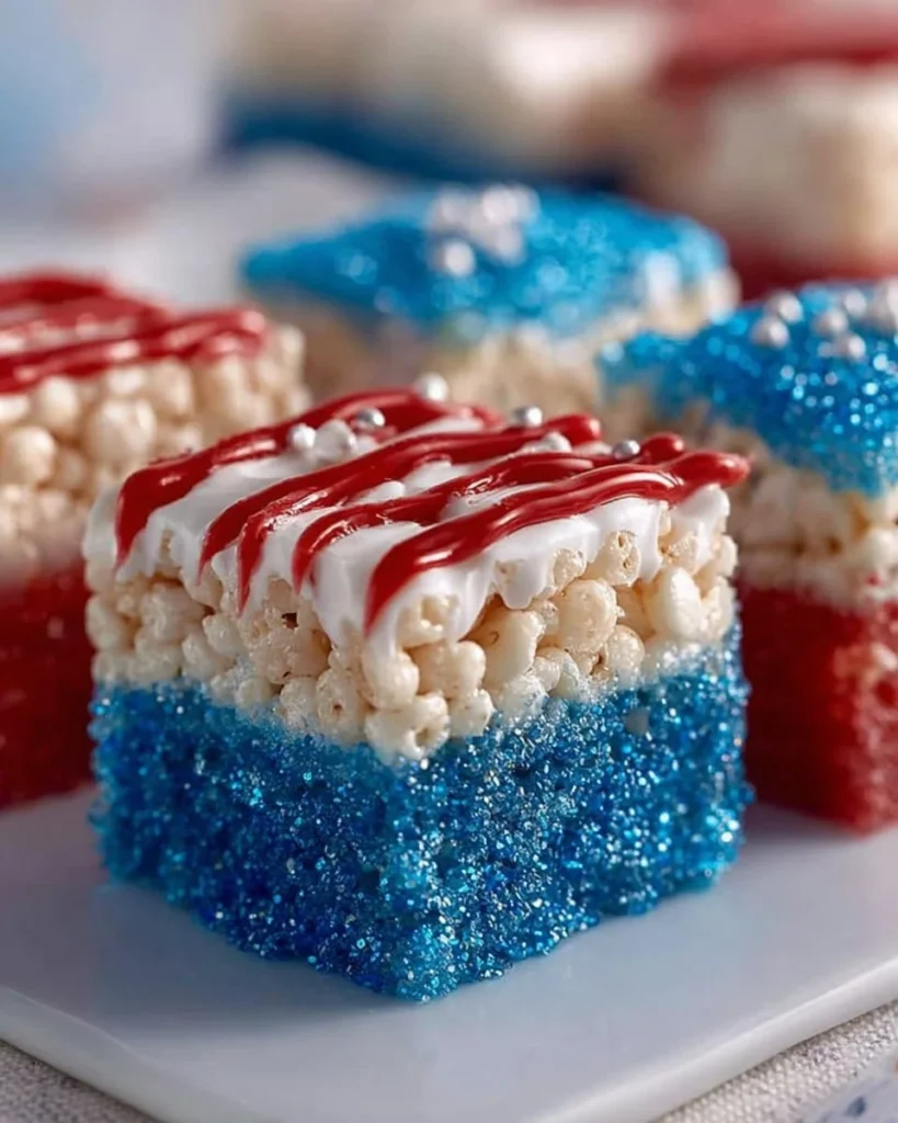 USA Flag Dessert Rice Krispie Bars decorated with red, white, and blue colors