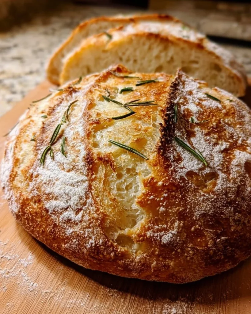Loaf of aromatic rosemary sourdough bread with herbs on a wooden cutting board.
