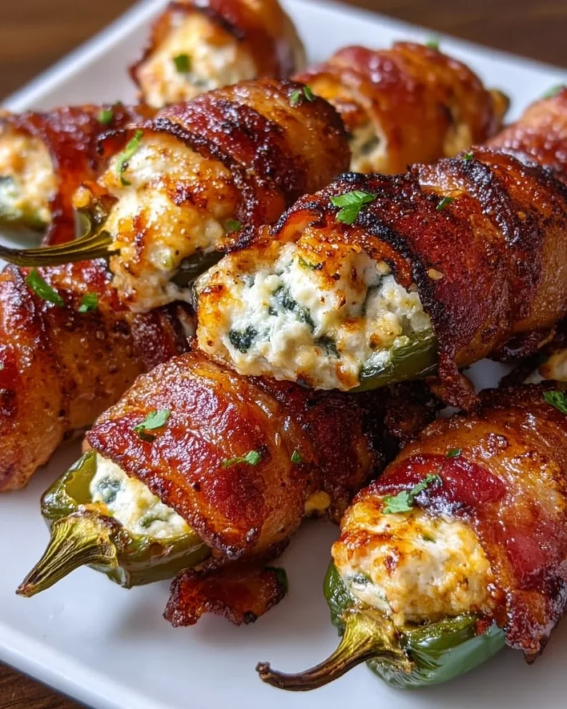 Bacon Wrapped Chicken Jalapeño Poppers on a serving platter