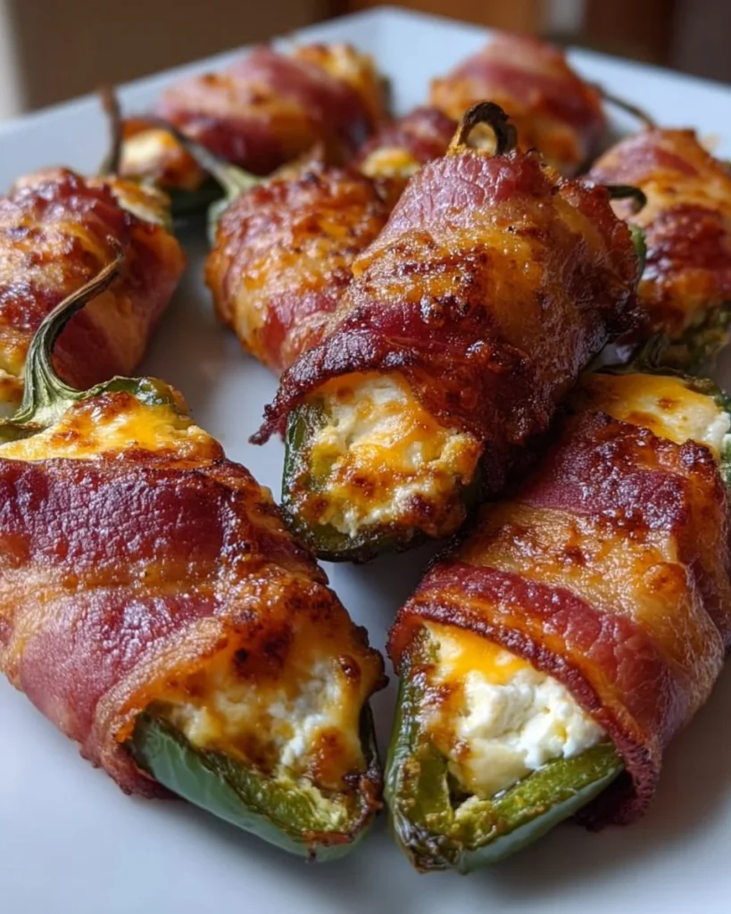 Bacon wrapped jalapeño poppers with cheese filling on a serving platter